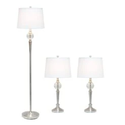 63 In. Brushed Nickel Torchiere Table And Floor Lamp Set With 2 Table Lamps And 1 Floor Lamp, (Set Of 3) -Lamp Parts lamp sets lc1021 bsn c3 1000