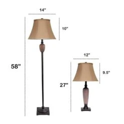 58 In. Hammered Bronze Traditional Valdivian 3 Piece Metal Lamp Set (2 Table Lamps, 1 Floor Lamp) With Brown Shades -Lamp Parts lamp sets lhs 1001 hz 44 1000
