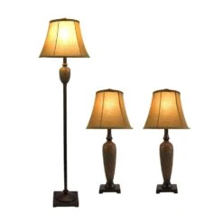 58 In. Hammered Bronze Traditional Valdivian 3 Piece Metal Lamp Set (2 Table Lamps, 1 Floor Lamp) With Brown Shades -Lamp Parts lamp sets lhs 1001 hz c3 1000