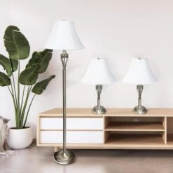 60 In. Antique Brass Roma Classic 3 Piece Metal Lamp Set (2 Table Lamps, 1 Floor Lamp) With White Shades -Lamp Parts lamp sets lhs 1002 ab 1f 1000