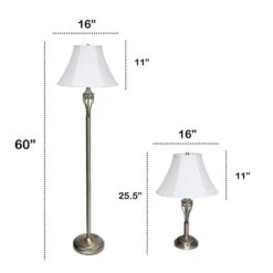 60 In. Antique Brass Roma Classic 3 Piece Metal Lamp Set (2 Table Lamps, 1 Floor Lamp) With White Shades -Lamp Parts lamp sets lhs 1002 ab 4f 1000