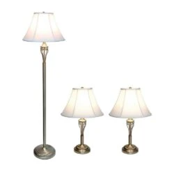 60 In. Antique Brass Roma Classic 3 Piece Metal Lamp Set (2 Table Lamps, 1 Floor Lamp) With White Shades -Lamp Parts lamp sets lhs 1002 ab c3 1000