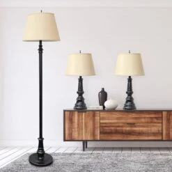 60 In. Restoration Bronze Oxford Classic 3 Piece Metal Lamp Set (2 Table Lamps, 1 Floor Lamp) With Tan Fabric Shades -Lamp Parts lamp sets lhs 1003 rz 1f 1000