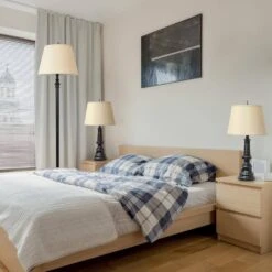 60 In. Restoration Bronze Oxford Classic 3 Piece Metal Lamp Set (2 Table Lamps, 1 Floor Lamp) With Tan Fabric Shades -Lamp Parts lamp sets lhs 1003 rz 31 1000