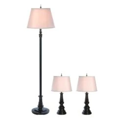 60 In. Restoration Bronze Oxford Classic 3 Piece Metal Lamp Set (2 Table Lamps, 1 Floor Lamp) With Tan Fabric Shades -Lamp Parts lamp sets lhs 1003 rz c3 1000