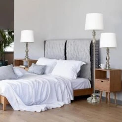 60 In. Brushed Steel Morocco Classic 3 Piece Metal Lamp Set (2 Table Lamps, 1 Floor Lamp) With White Fabric Shades 15 60 In. Brushed Steel Morocco Classic 3 Piece Metal Lamp Set (2 Table Lamps, 1 Floor Lamp) With White Fabric Shades -Lamp Parts lamp sets lhs 1004 bs 31 1000