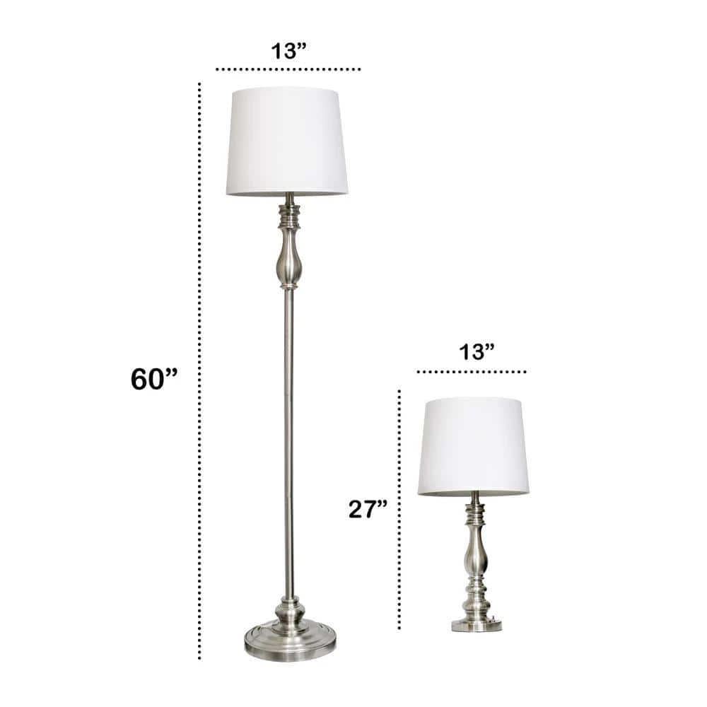 60 In. Brushed Steel Morocco Classic 3 Piece Metal Lamp Set (2 Table Lamps, 1 Floor Lamp) With White Fabric Shades 5 60 In. Brushed Steel Morocco Classic 3 Piece Metal Lamp Set (2 Table Lamps, 1 Floor Lamp) With White Fabric Shades - Image 3