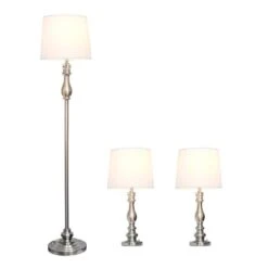 60 In. Brushed Steel Morocco Classic 3 Piece Metal Lamp Set (2 Table Lamps, 1 Floor Lamp) With White Fabric Shades 10 60 In. Brushed Steel Morocco Classic 3 Piece Metal Lamp Set (2 Table Lamps, 1 Floor Lamp) With White Fabric Shades -Lamp Parts lamp sets lhs 1004 bs c3 1000
