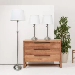 58 .5 In. Brushed Nickel Extendable 3 Piece Metal Lamp Set (2 Table Lamps, 1 Floor Lamp) With White Fabric Shades -Lamp Parts lamp sets lhs 1005 bn 1f 1000