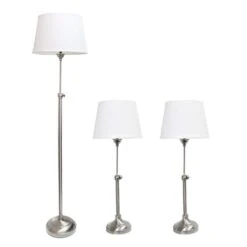 58 .5 In. Brushed Nickel Extendable 3 Piece Metal Lamp Set (2 Table Lamps, 1 Floor Lamp) With White Fabric Shades -Lamp Parts lamp sets lhs 1005 bn 44 1000