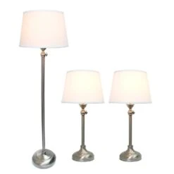 58 .5 In. Brushed Nickel Extendable 3 Piece Metal Lamp Set (2 Table Lamps, 1 Floor Lamp) With White Fabric Shades -Lamp Parts lamp sets lhs 1005 bn c3 1000