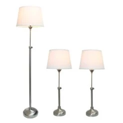 58 .5 In. Brushed Nickel Extendable 3 Piece Metal Lamp Set (2 Table Lamps, 1 Floor Lamp) With White Fabric Shades -Lamp Parts lamp sets lhs 1005 bn fa 1000