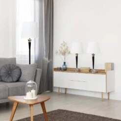 58 .5 In. Malbec Black And Brushed Nickel 3 Piece Metal Lamp Set (2 Table Lamps, 1 Floor Lamp) With Cream Shades -Lamp Parts lamp sets lhs 1006 ml 31 1000