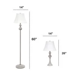 60 In. Grey Traditional Valetta 3 Piece Metal Lamp Set (2 Table Lamps, 1 Floor Lamp) With White Shades -Lamp Parts lamp sets lhs 1007 gy 4f 1000