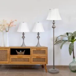 60 In. Grey Traditional Valetta 3 Piece Metal Lamp Set (2 Table Lamps, 1 Floor Lamp) With White Shades -Lamp Parts lamp sets lhs 1007 gy 76 1000