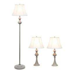 60 In. Grey Traditional Valetta 3 Piece Metal Lamp Set (2 Table Lamps, 1 Floor Lamp) With White Shades -Lamp Parts lamp sets lhs 1007 gy c3 1000