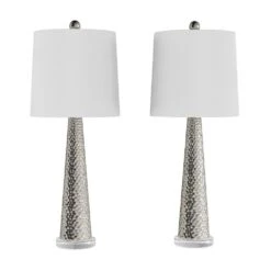 30.25 In. Metallic Silver And Ivory Contemporary Hammered-Look Glass LED Table Lamps (Set Of 2) -Lamp Parts lavish home lamp sets hw1000065 1f 1000