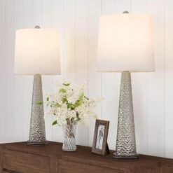 30.25 In. Metallic Silver And Ivory Contemporary Hammered-Look Glass LED Table Lamps (Set Of 2)