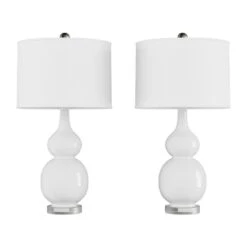 26.25 In. Double Gourd Ceramic Milky White LED Table Lamps With Ivory Shades (Set Of 2) -Lamp Parts lavish home lamp sets hw1000066 4f 1000
