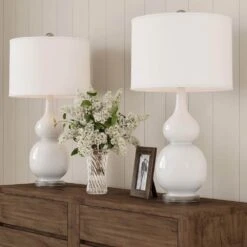 26.25 In. Double Gourd Ceramic Milky White LED Table Lamps With Ivory Shades (Set Of 2)