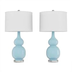 26.25 In. Double Gourd Ceramic Spa Blue LED Table Lamps With Ivory Shades (Set Of 2) -Lamp Parts lavish home lamp sets hw1000067 4f 1000