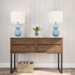 26.25 In. Double Gourd Ceramic Spa Blue LED Table Lamps With Ivory Shades (Set Of 2) -Lamp Parts lavish home lamp sets hw1000067 e1 1000
