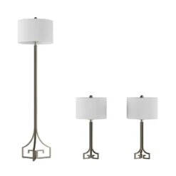 28.75 In. Antique Silver Greek Key Design LED Table Lamps And 64 In. Floor Lamp With Ivory Shades (Set Of 3) -Lamp Parts lavish home lamp sets hw1000070 4f 1000