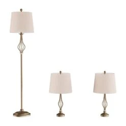 27 In. Modern Rustic Curved Openwork LED Table Lamps And 61.5 In. Distressed Gold Floor Lamp (Set Of 3) -Lamp Parts lavish home lamp sets hw1000071 4f 1000