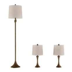 24.5 In. Mid-Century Modern Metal Flared Trumpet Base LED Table Lamps And 63.5 In. Bronze Floor Lamp (Set Of 3) -Lamp Parts lavish home lamp sets hw1000073 4f 1000
