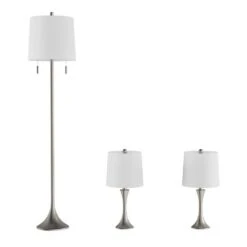 24.5 In. Mid-Century Modern Metal Flared Trumpet Base LED Table Lamps And 63.5 In. Silver Floor Lamp (Set Of 3) -Lamp Parts lavish home lamp sets hw1000074 4f 1000