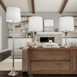 24.5 In. Mid-Century Modern Metal Flared Trumpet Base LED Table Lamps And 63.5 In. Silver Floor Lamp (Set Of 3)