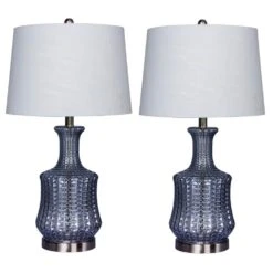 27.5 In. Light Blue Glass And Brushed Steel Metal Genie Bottle Table Lamps