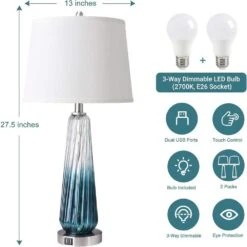 27.5 In. Blue Table Lamps Set Of 2 With Touch Control Modern Glass Bedside Lamps With USB A Plus C Ports 3-Way Dimmable -Lamp Parts light blue rottogoon table lamps qmlp050bl2 66 1000
