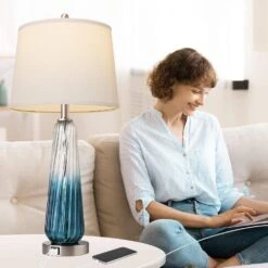 27.5 In. Blue Table Lamps Set Of 2 With Touch Control Modern Glass Bedside Lamps With USB A Plus C Ports 3-Way Dimmable -Lamp Parts light blue rottogoon table lamps qmlp050bl2 c3 1000