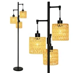 65 In. Light Brown Farmhouse Standing Tree Floor Lamps With Rattan Shades