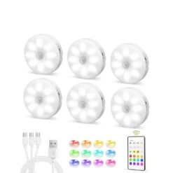 White LED Lamp Puck Light With Remote, Motion Sensor 12 RGB, 6-Pack, Magnetic Stick-On For Under Cabinet