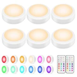 White LED Puck Lights With Remote Control Lamp, Wireless Under Cabinet & Closet Lighting, RGB 13 Color Changing, 6 Pack