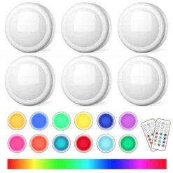White LED Under Cabine Puck Light Lamp W/ Remote Control, Wireless 13 Color RGB-for Closet, Bedroom Wall, 6 Pack
