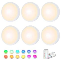 6 Pack White Color Changing Lamp Stick-On LED Puck Lights W/ Remote, Dimmable Under Cabinet Lighting W/ Timer & Memory