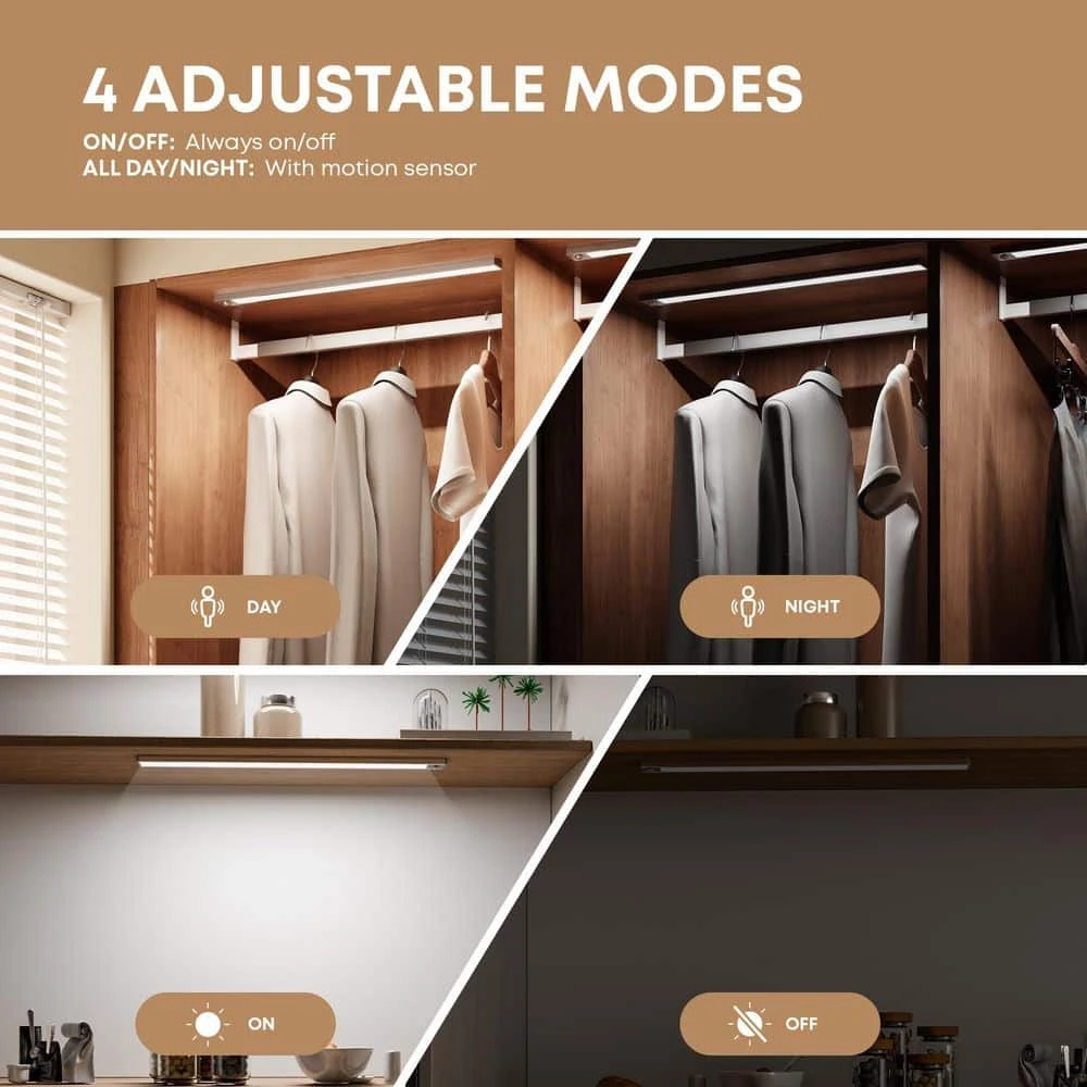 White LED Under Cabinet Light Lamp W/ Motion Sensor And Dimming Rechargeable Indoor Lighting For Kitchen Closet 2-Pack 4 White LED Under Cabinet Light Lamp W/ Motion Sensor And Dimming Rechargeable Indoor Lighting For Kitchen Closet 2-Pack - Image 2