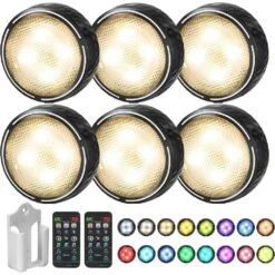 Black LED Puck Light Lamp W/ Remote Control Wireless Stick-On Under Cabinet Lighting, Color Changing 6-Pack