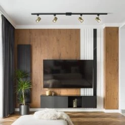 Globe Electric 4.7 Ft. 4-Light Matte Black Adjustable Linear Track Lighting Kit With Matte Brass Track Heads -Lamp Parts matte black and brass globe electric track lighting kits 91002830 31 1000