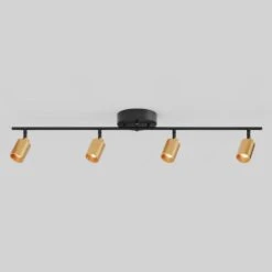 Shura 4-Light Black And Brass Integrated LED Track Light W/ Rotatable Heads, 3 Ft. Track Lighting Kit, 3000k, 2240 Lumen -Lamp Parts matte black brushed brass 3000k vidalite track lighting kits ce1008573 fa 1000
