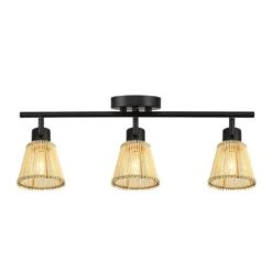Globe Electric Japandi 1.8 Ft. Matte Black Indoor Hard Wired Track Lighting Kit With Bamboo Shades Step Heads