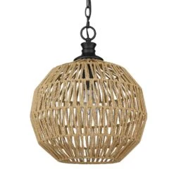 Golden Lighting Florence 1-Light Matte Black Globe Pendant With Natural Raphia Rope Shade