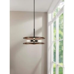 Rockland 60-Watt 4-Light Matte Black Pendant With Painted Wood Accent Shade