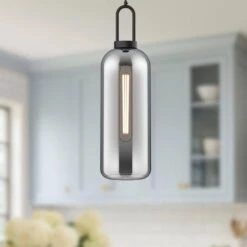 Soji 6 In. 1 Light 60-Watt Matte Black/Smoked Solid Glass Pendant Light -Lamp Parts matte black smoked solid glass alora mood pendant lights pd401606mbsm 66 1000