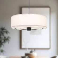 Theo 24 In. 3 Light 40-Watt Matte Black/White Linen Pendant Light -Lamp Parts matte black white linen alora mood pendant lights pd547924mbwl 31 1000