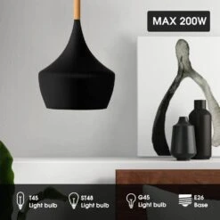 1-Light Industrial Farmhouse Hanging Kitchen Black Pendant Ceiling Light With Metal Dome Shade -Lamp Parts matte black with wood yansun pendant lights h dz008 4f 1000