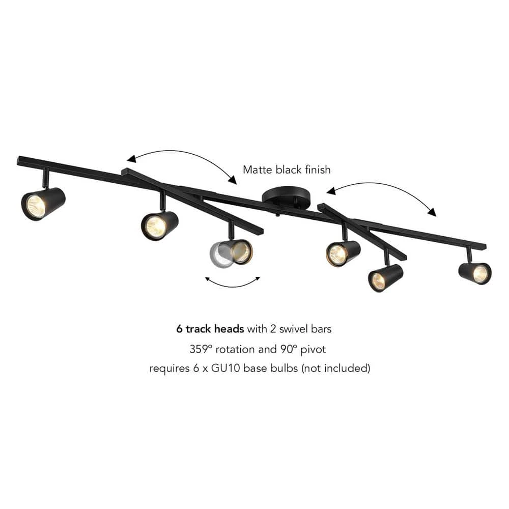 Globe Electric 51 In. 6-Light Hard Wired Matte Black Adjustable Track Lighting Kit, Centered Swivel Bars, Pivoting Cylinder Track Heads 8 Globe Electric 51 In. 6-Light Hard Wired Matte Black Adjustable Track Lighting Kit, Centered Swivel Bars, Pivoting Cylinder Track Heads - Image 6
